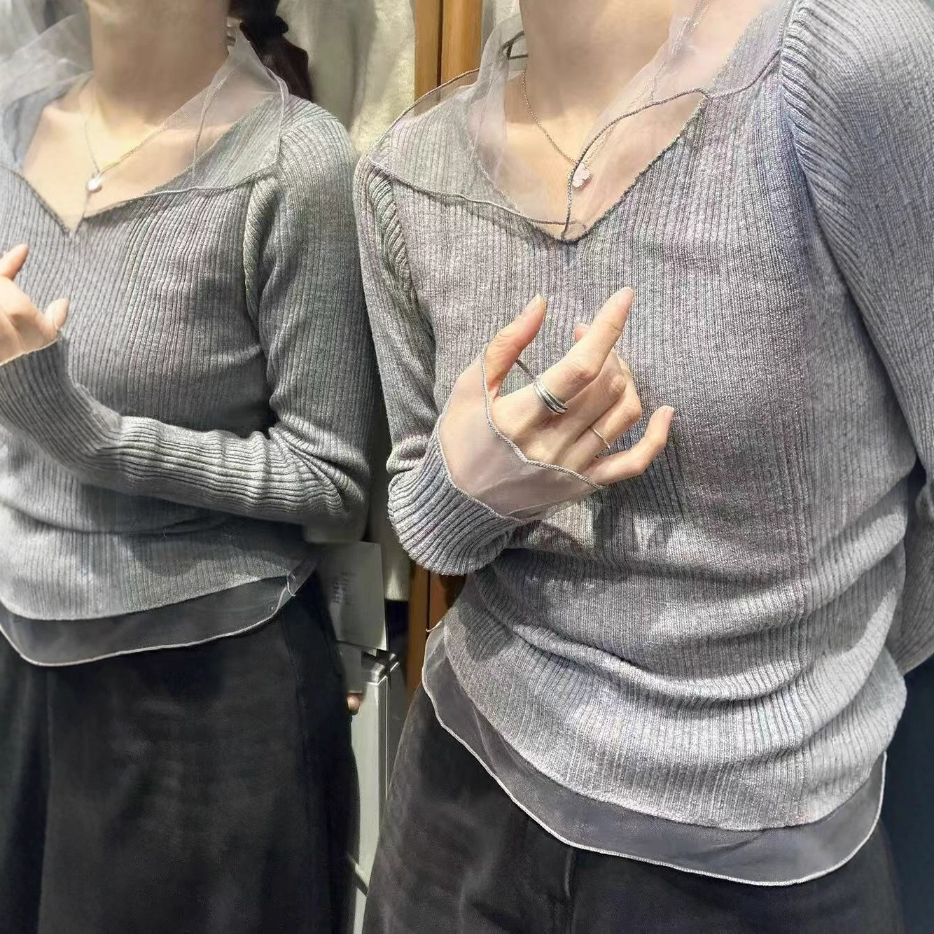 法式V领网纱拼接翻领修身针织衫2025冬季新款女修身百搭打底毛衣