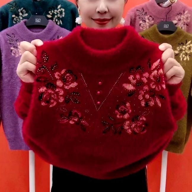 Autumn and Winter Mother's Clothing Imitation Mink Velvet Sweater for Middle-Aged and Elderly Women Loose Large Size Fleece-Lined Thickeneded Bottoming Shirt Warm Top