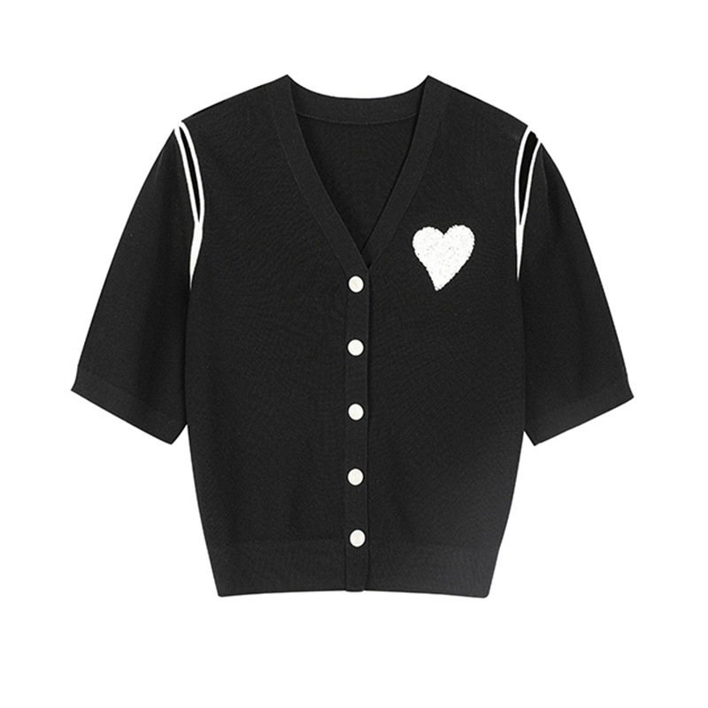 Hollow-Out Off-Shoulder Heart-Shaped Chanel-Style Knit Cardigan for Women, 2026 Summer Korean Fashion, Stylish Color-Blocking Short-Sleeve Cardigan