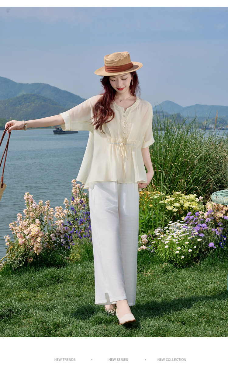 Bộ đồ mùa hè nữ Tencel cao cấp áo hai dây quần ống rộng ba món SY2697 — Bộ màu như hình chi tiết 18