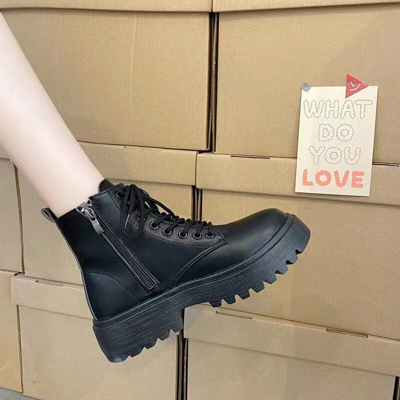 Black Front Lace-Up Boots for Women Thick-Soled Super High Heels to Increase Height and Slim Amazon Export Large Size Short Boots 4