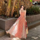 Vacation Travel Wear 2025 New Style Unique Temperament Beautiful Tight Waist Slimming Split Dress Women's Summer Long Dress
