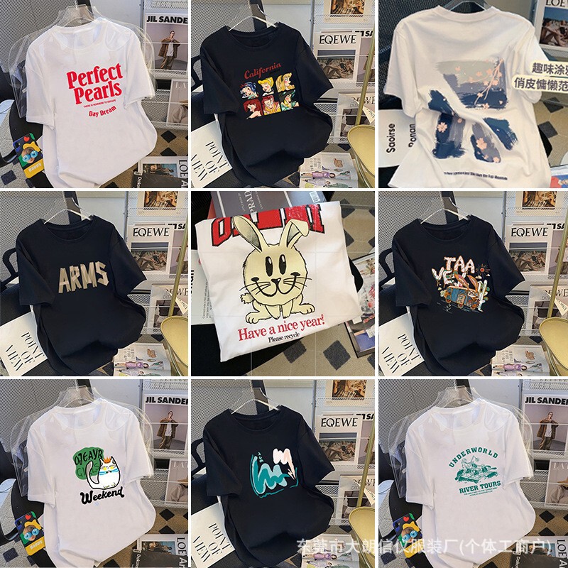 2024 夏の新ピュアコットン半袖 tシャツ女性の韓国スタイルカジュアルスタイルプリントラウンドネックトップ卸売ドロップシッピングソース|undefined