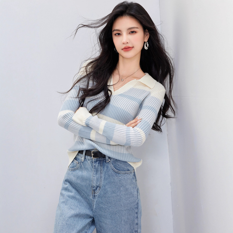 超好看v领渐变条纹针织衫上衣女秋季百搭显瘦设计感长袖打底上衣|undefined