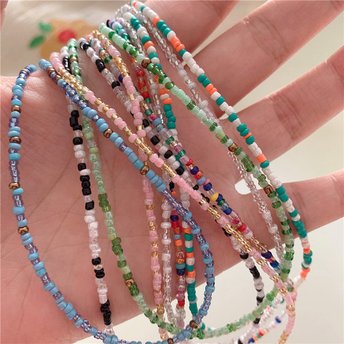 Korean retro colored beaded rice bead necklace girl-style rainbow rice bead necklace bohemian color necklace