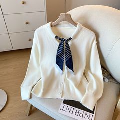 广州十三行高货爆款~丝巾系带针织衫女秋季韩版上衣长袖毛衣外套