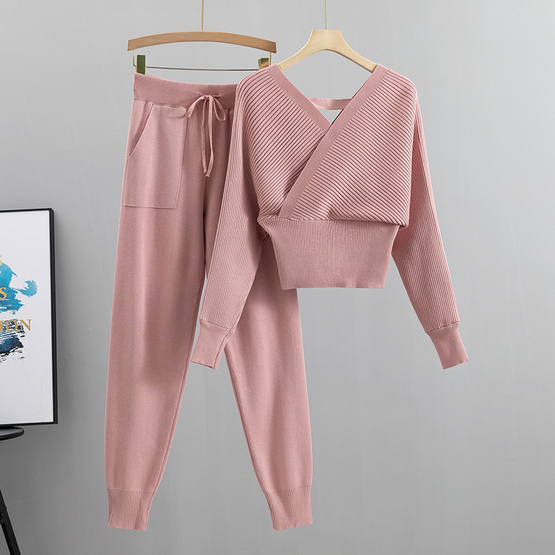 Ensemble deux pièces en tricot pour femme, col en V, sexy, sans bretelles, tendance, automne_voghion.com