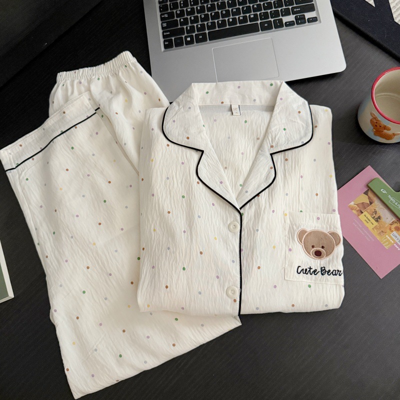 Venta al por mayor transfronteriza otoño nuevo estilo caliente pijamas de algodón de la nube pantalones de manga larga de las mujeres solapa linda rebeca dulce servicio a domicilio