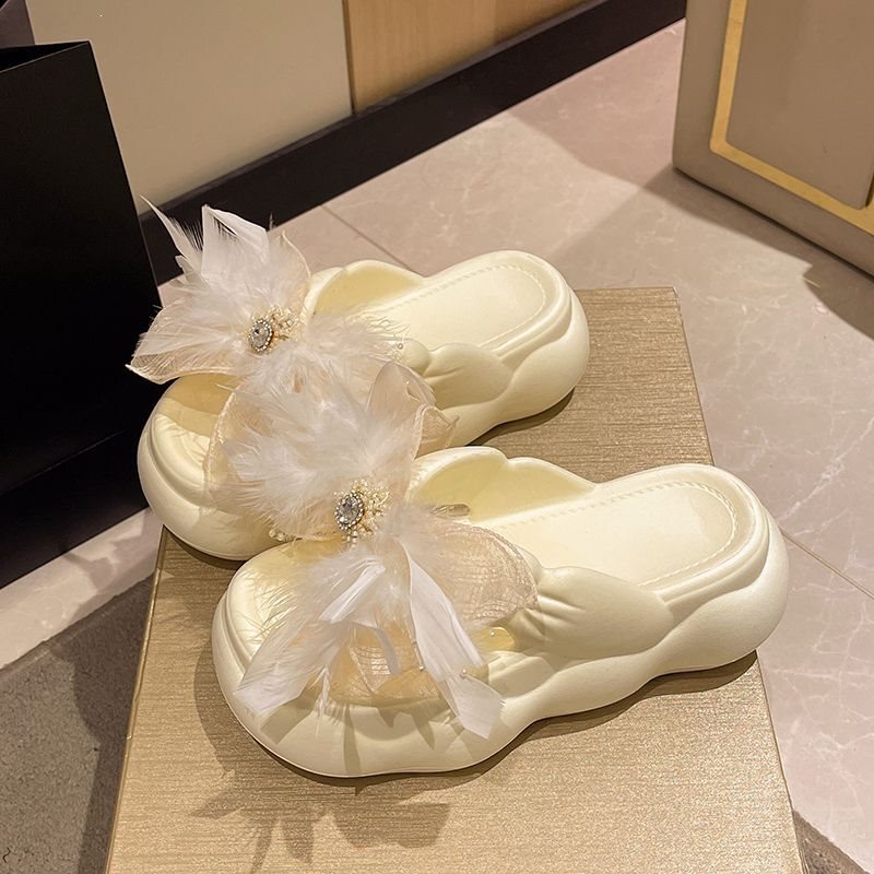 Spring and Summer New Fairy-Style Rhinestone Feather Large Bow Slippers, Height-Increasing Thick-Soled Flip-Flops, Versatile Outdoor Sandals