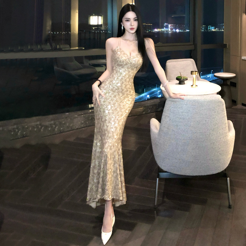 Heavy Sequined Champagne Gold Cross Strap Large Backless Fishtail Dress