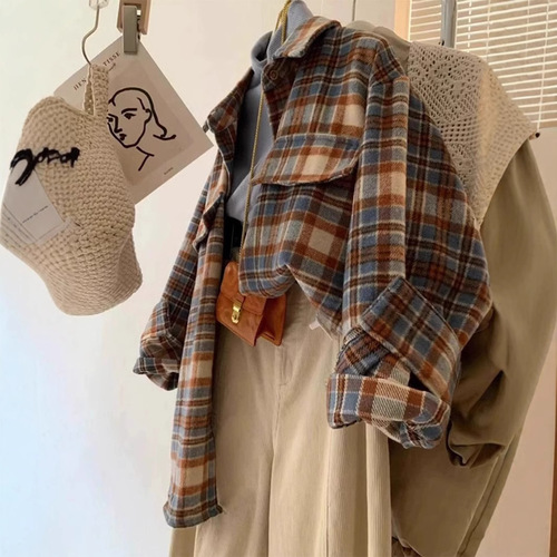 Large women's American retro color-blocking brushed checkered shirt, women's layering cardigan, spring and autumn top