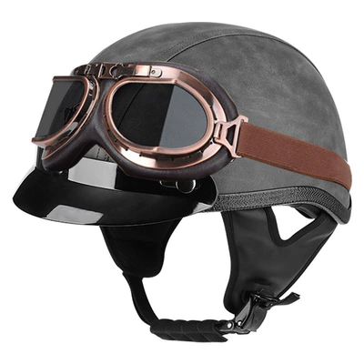 electric car retro helmet half helmet, Motosiklet kaskı (dəbilqə) - grey-leather-brim-bronze-mirror-m56-57cm