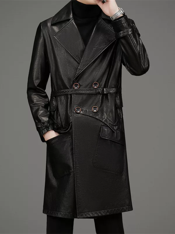 Leather jacket, winter long suit for leisure, 2023