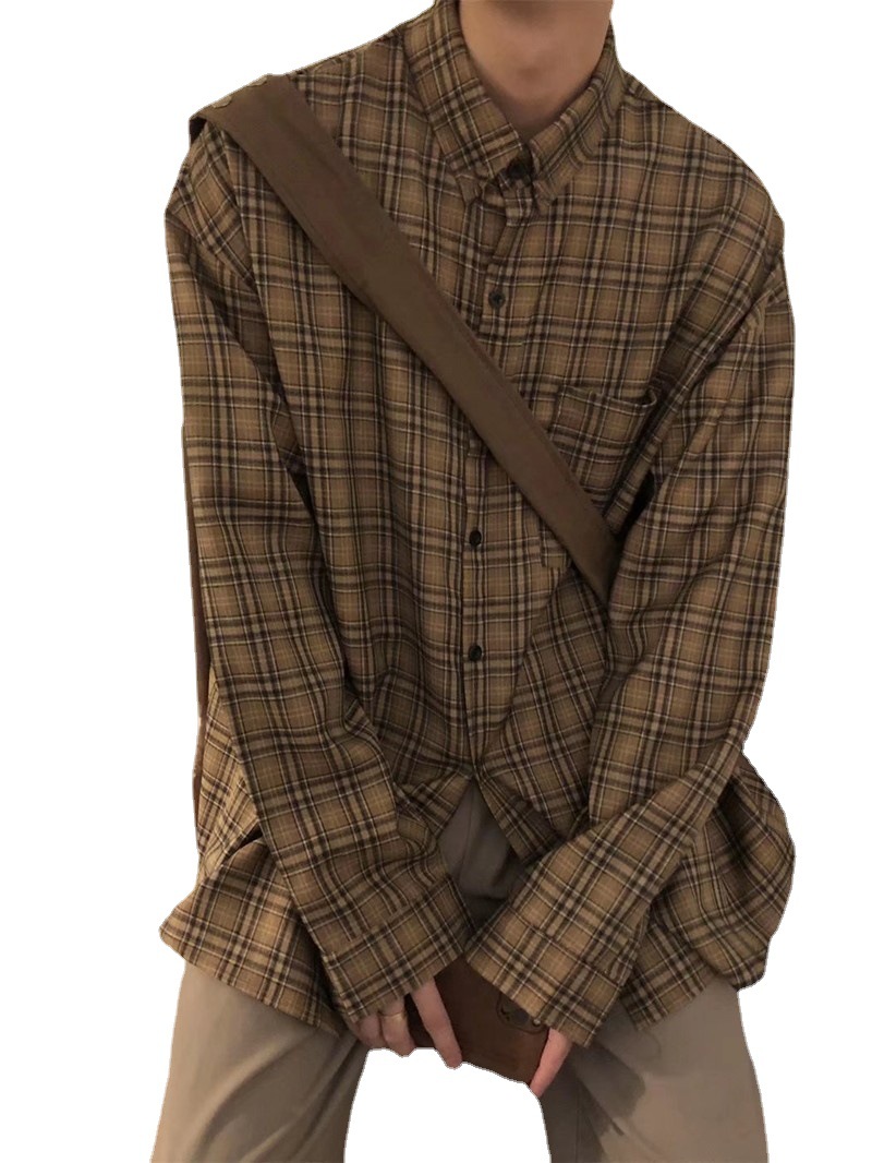 春と秋の日本系のレトロなインナーカレーの格子の長袖のシャツの男性の潮のinsのカップルのゆったりしているカジュアルなシャツのコート