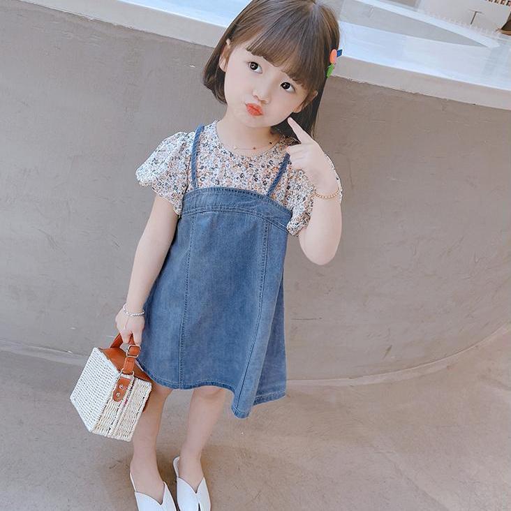 女童假两件连衣裙2022女宝宝夏装仿牛仔裙子韩版短袖碎花公主裙潮
