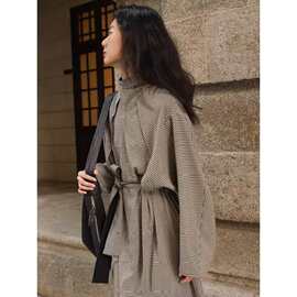 设计感结构风衣式格纹可收腰连衣裙