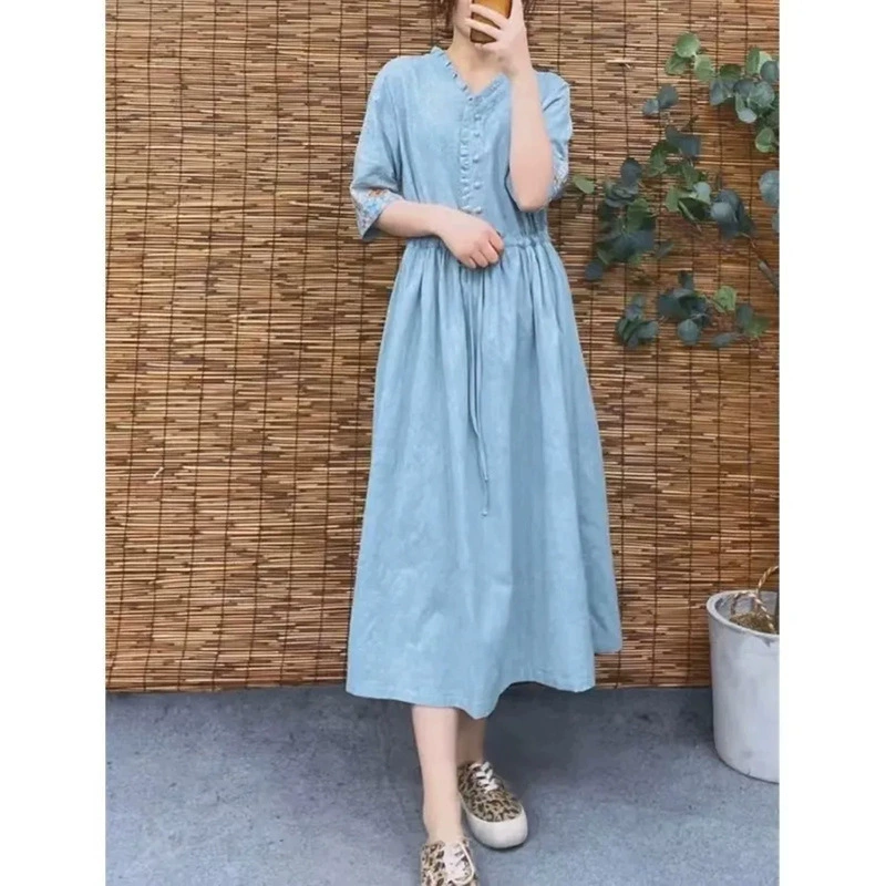 Летнее новое ретро-литературное жаккардовое платье из чистого хлопка в этническом стиле, средней длины, с утягивающей талией и тенденцией скрытия тела