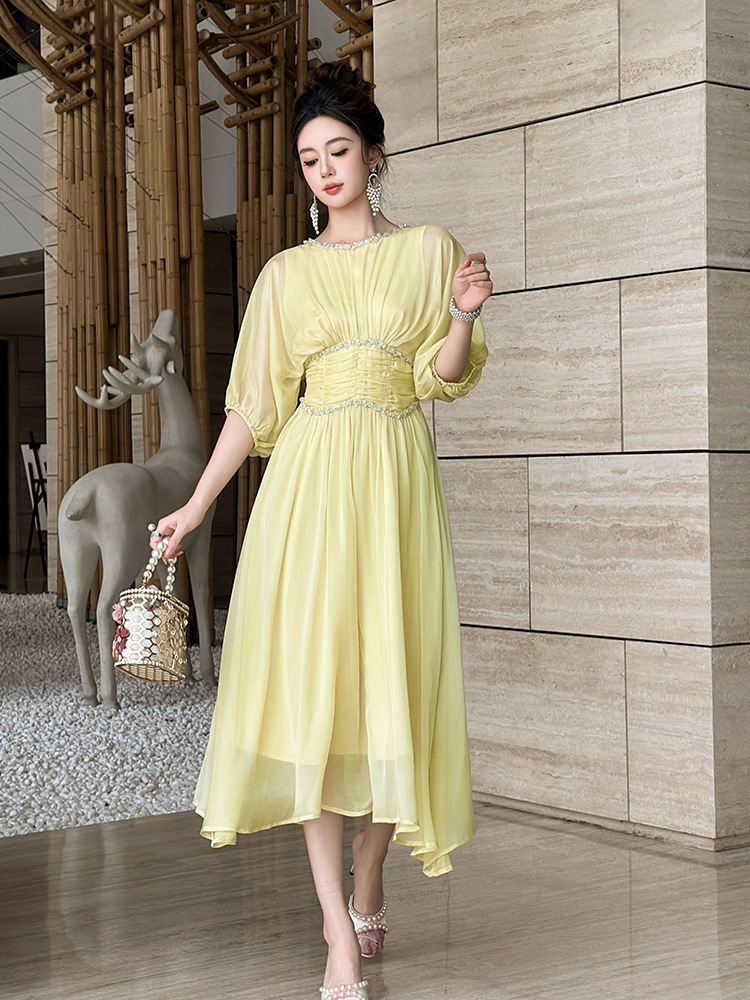 Đầm nữ cổ tròn tay lửng thắt eo phong cách Pháp thanh lịch — màu vàng