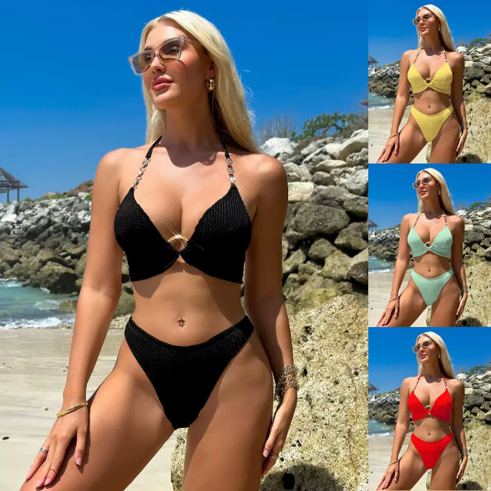 泳衣 亚马逊欧美性感辣妹分体纯色挂脖比基尼泳装厂家直销bikini