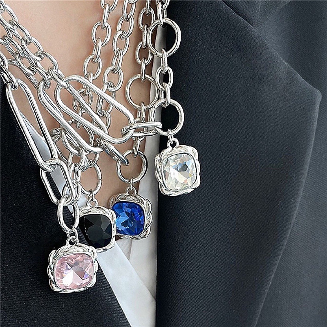 Retro Gemstone Necklace Square Crystal Pendant Niche Sweater Chain display picture 2