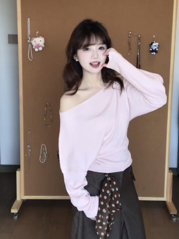 韩系粉色薄款一字露肩长袖t恤女早秋季别致巨好看绝美打底衫上衣|undefined