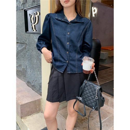 2023 Autumn French Retro Distressed Stand Collar Two-Wear Single-Breasted Washed Denim Puff Sleeve Long Sleeve Shirt for Women
