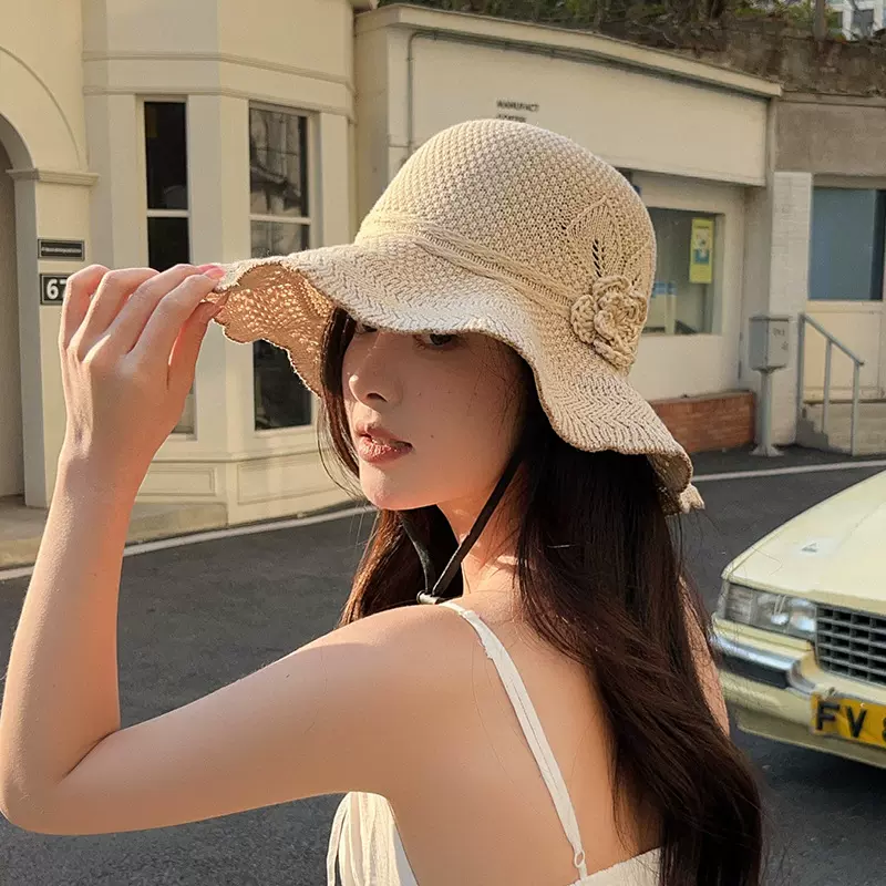 夏季户外洋气遮阳帽子女防晒渔夫帽女韩版波浪大檐针织透气盆帽潮