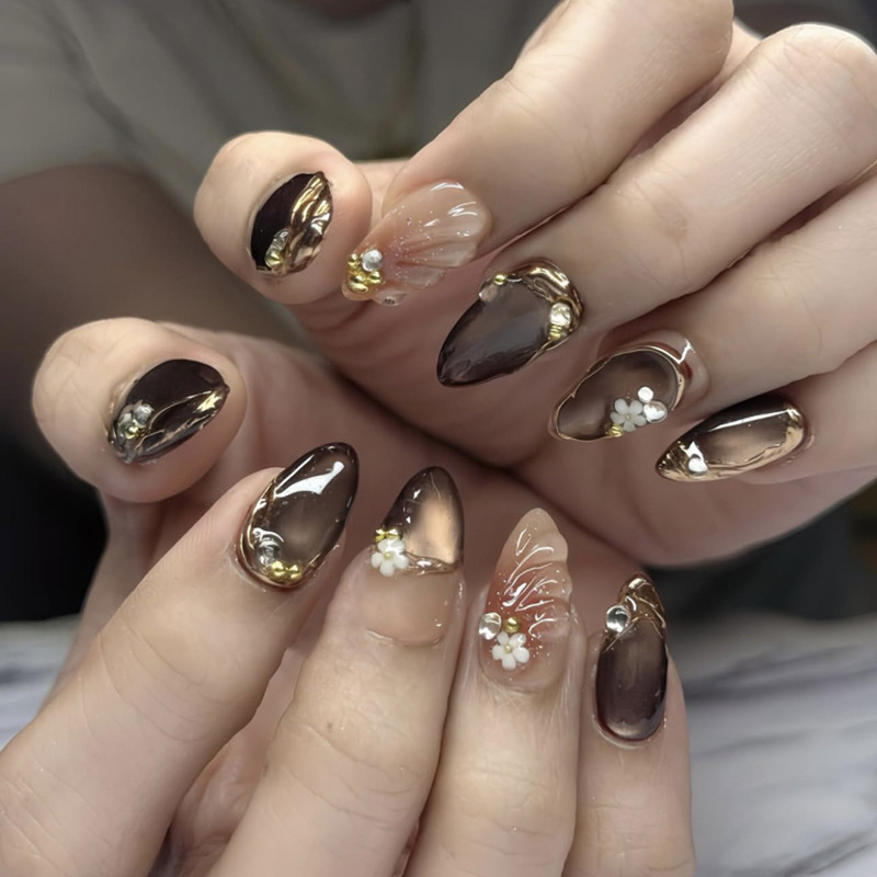 Autumn and Winter Brown Cat-Eye Wearable Nails 3D Stereo Cross-Border Hot-Selling Short Manicure Nails Wearable Nails Autumn and Winter Brown Cat-Eye Wearable Nails 3D Stereo Cross-Border Hot-Selling Short Manicure Nails Wearable Nails