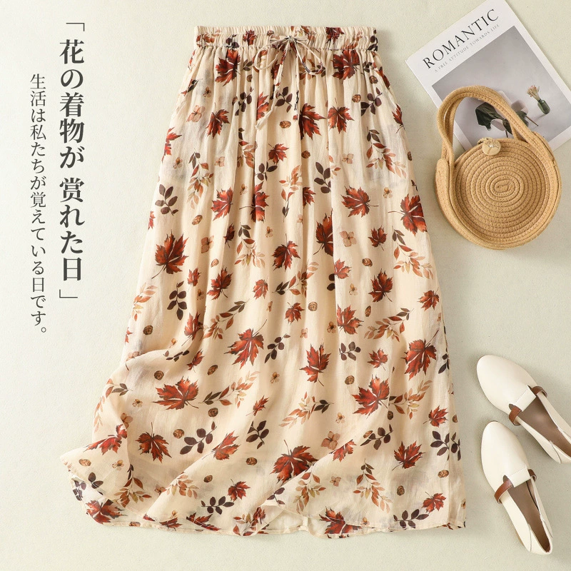 Юбка из рами с принтом, свободная и универсальная юбка трапециевидной формы средней длины в стиле ретро с цветочным принтом для женщин.