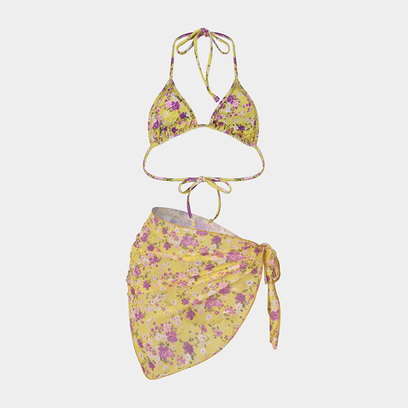 36g Weight Sleeveless Sleeve Length Polyester Fabric Type 3 Pieces Set Quantity Beach, Swimming Occasion Halter Neck Neckline Slim Fit Type Ditsy Floral Pattern Women's Gender Sexy Style Women's Sexy Ditsy Floral 3 Pieces Set Bikinis Swimwear 18