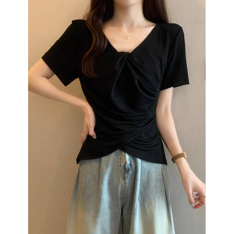 デザイン不規則クロスVネック右肩半袖Tシャツレディース夏新作気質シックな痩身ショートトップ|undefined