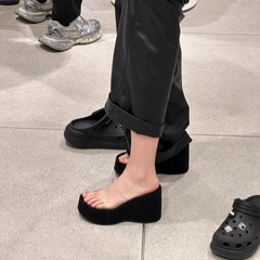 7cm版~坡跟真皮透明一字拖鞋女增高厚底半拖鞋松糕高跟涼拖鞋