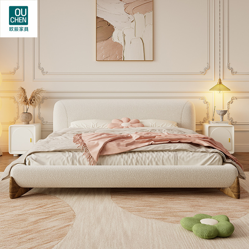 French Cream Style Fabric Bed Modern Simple Master Bedroom Big Bed Cashmere Cloth Solid Wood Light Luxury Soft Bag Double Bed Wedding Bed French Cream Style Fabric Bed Modern Simple Master Bedroom Big Bed Cashmere Cloth Solid Wood Light Luxury Soft Bag Double Bed Wedding Bed