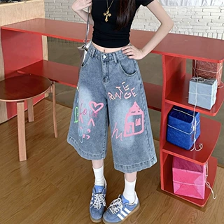 美式涂鸦设计感痞帅牛仔七分裤女装夏季2026新款高街直筒宽松短裤
