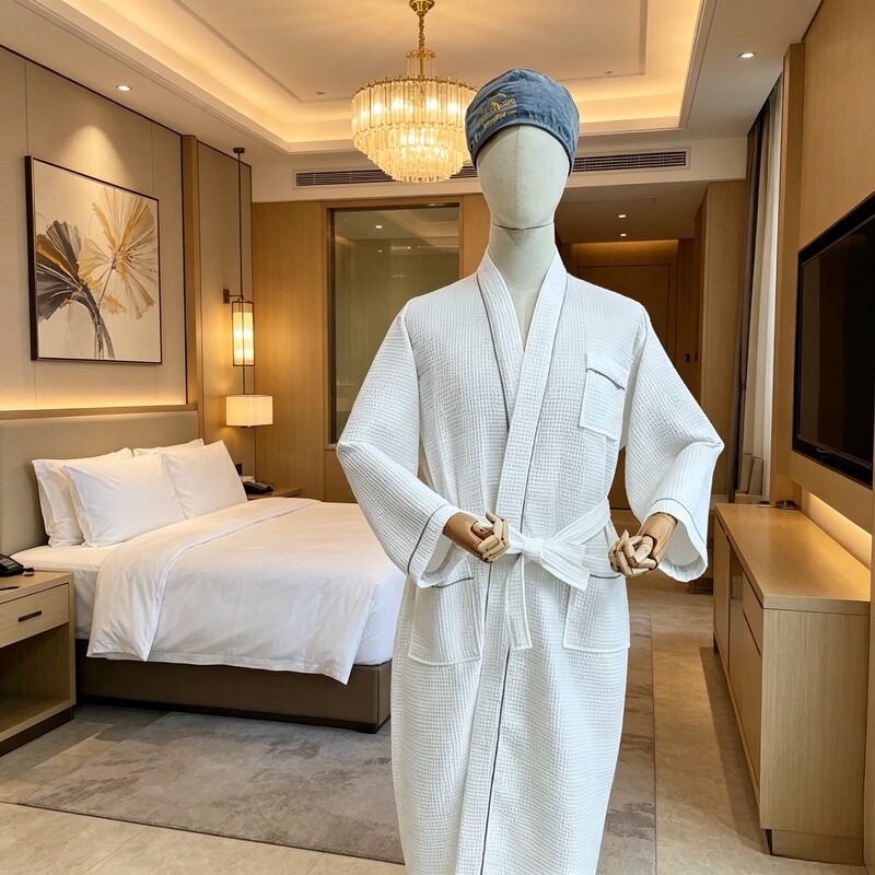 Wholesale hotel SPA bathrobe polyester cotton waffle beauty salon spa nightgown custom LOGO support foreign trade