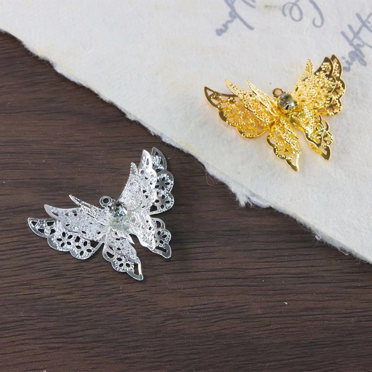 Diamond-encrusted three-layer handmade hollow butterfly iron diy accessories antique decorative materials round fan pain bag materials