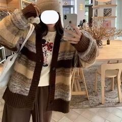 渐变撞色条纹软糯毛衣针织开衫女秋冬韩版宽松针织外套女上衣潮