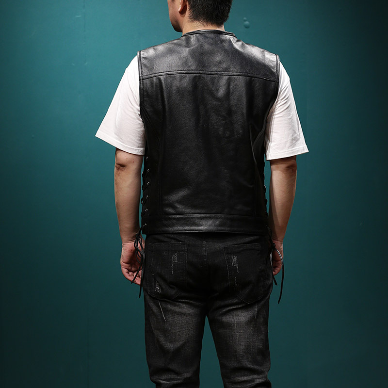 Harley Chaleco de la motocicleta de cuero de roca Chaleco de los hombres cuello redondo casual cintura corta superior capa de vaca chaleco