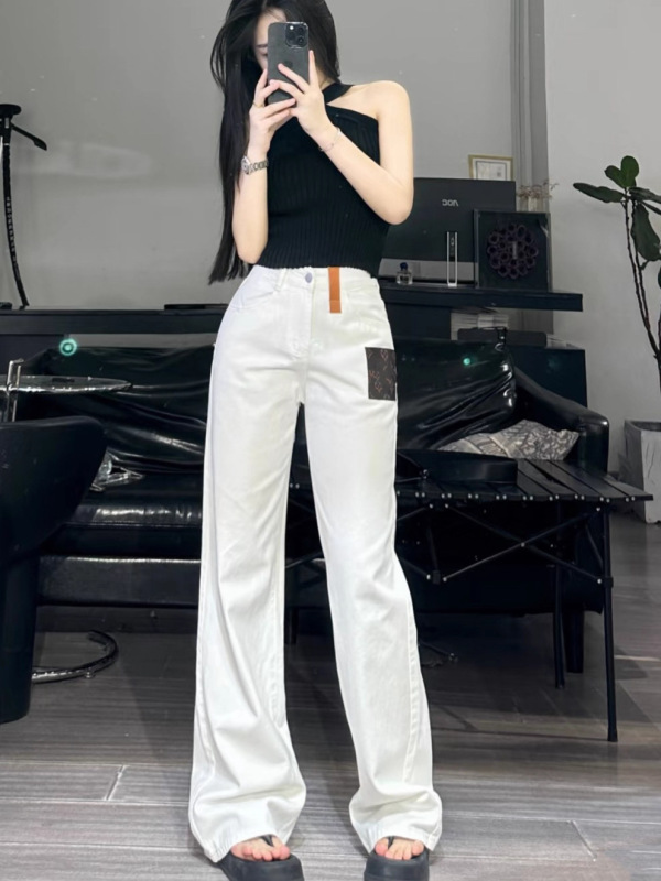 高端马户家皮标老花阔腿白色牛仔裤女春秋新款高腰裤欧阳娜娜同款|undefined