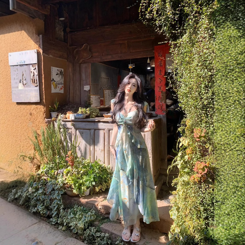 "Floating Summer in the Forest" 2025 Spring and Summer New Design Resort Style Printed Bohemian Fairy Dress