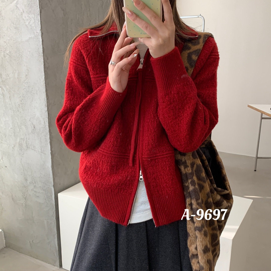 韩版厚实感纯色双拉链毛衣开衫女秋冬慵懒风软糯外搭针织外套E392