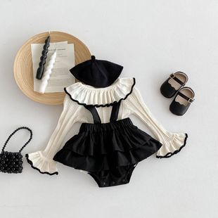 2025 New Girls Autumn Knitted Doll Collar Suspender Top Set Baby Bag Fart Harness Baby Clothes