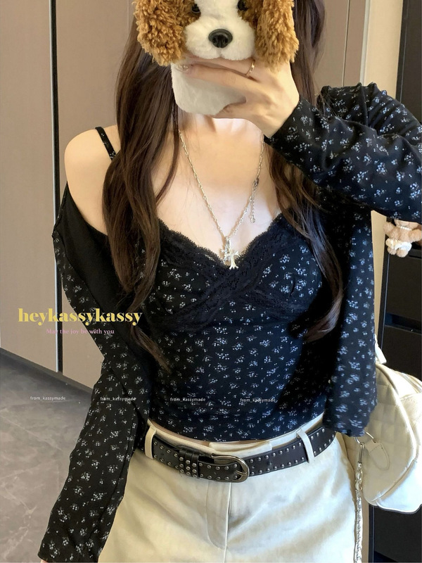 设计感辣妹套装碎花长袖开衫外套女早秋内搭花边吊带背心两件套潮|undefined