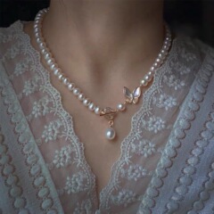 高級感天然淡水真珠貝殻蝶ネックレス軽豪華個性14k注金otバックル四葉草首輪