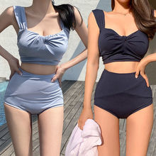 日韩新款女士分体高腰保守泳衣性感露背纯色遮肚温泉比基尼泳装