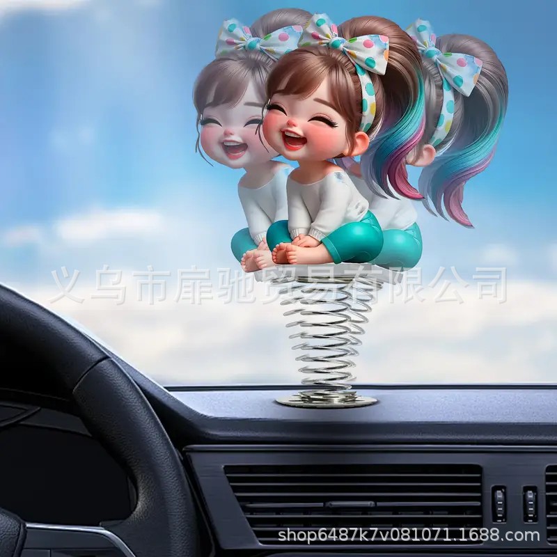 2D Cartoon New Colorful Hair Happy Girl Acrylic Flat Bicycle Spring Rocker Decorative Ornaments