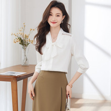 白色衬衫女长袖2024春秋季新款气质飘带蝴蝶结职业内搭衬衣工作服