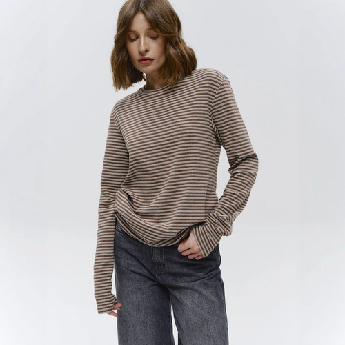 Cross-border long-sleeved striped T-shirt European and American 2025 autumn and winter commuting slim round neck cotton undershirt long-sleeved shirt women's 