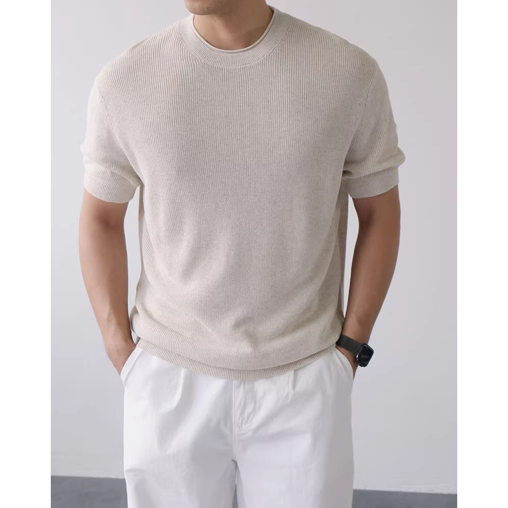 Camiseta de punto de manga corta hombre cuello redondo hueco seda de hielo transpirable verano de negocios de color sólido en el interior de verano al por mayor transpirable secado rápido
