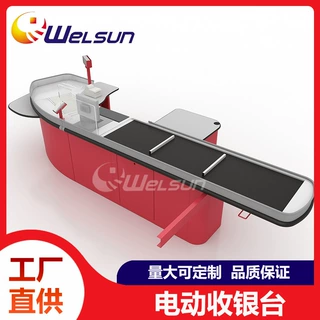 广州外贸工厂出口电动传送带超市收银台柜台不锈钢台面铝合金包边